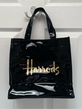 Harrods of London Small Glossy Black Patent Tote with Gold Script Logo
